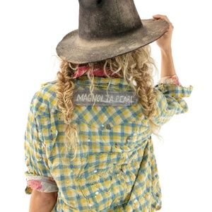 Reversible Vintage Paint Splattered Floral & Plaid Cotton Blend Shirt